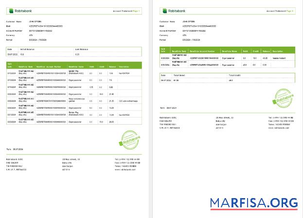Blank Azerbaijan Rabitabank bank statement 2 pages word template